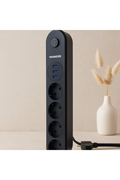 ARNEER Termal Akım Korumalı Uzatma Kablo 4 Priz 3 Usb Anahtarlı Siyah
