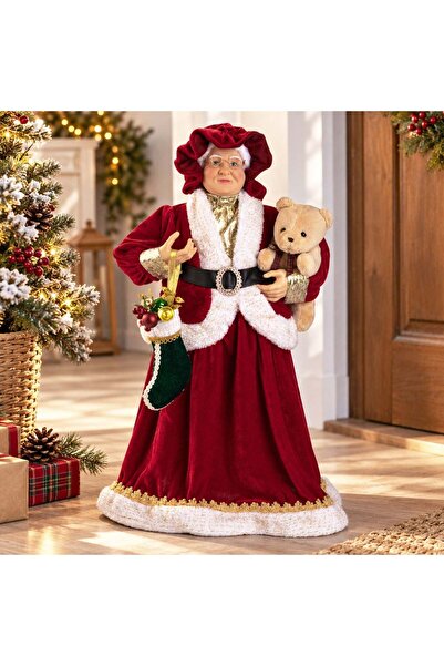 OEM Doamna Craciun Decorativa cu Costum Rosu Catifelat si Ursulet 60cm