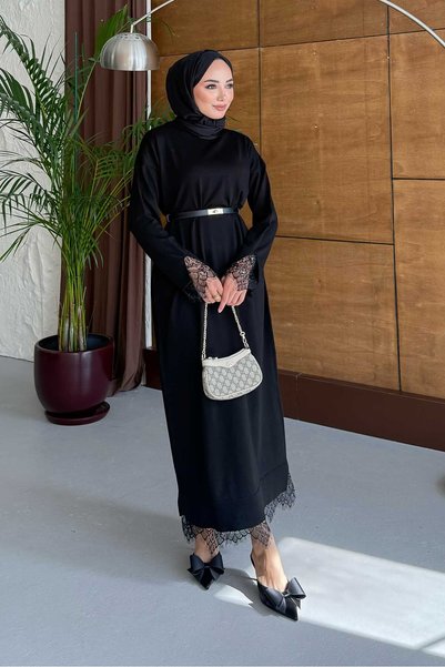 Rimel Moda Siena Dantelli Elbise Siyah