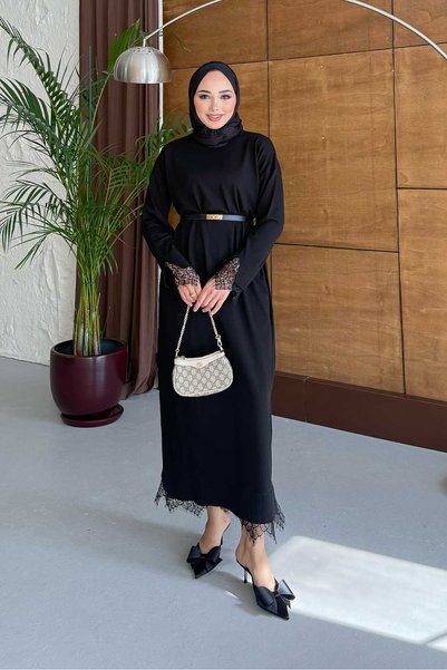 Rimel Moda Siena Dantelli Elbise Siyah