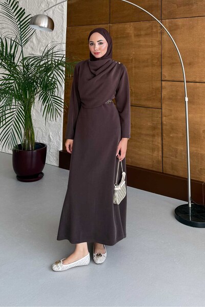 Rimel Moda Omuzu Düğmeli Elbise Kahverengi