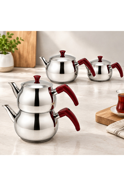 AKILLI Büyük Küre Çelik Çaydanlık Seti Üst 1.2 Lt Alt 2.0 Lt