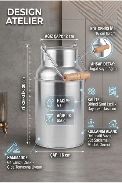 RİVO HOME DECOR Design Atelier 5 Litre Galvanizli Çelik Süt Güğümü – Ahşap Sa...