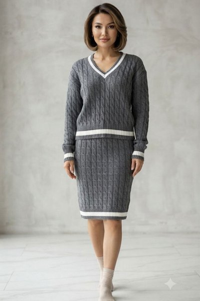 bacc Women's Anthracite Knitted Patterned V-Neck Sweater and Skirt Two-Piece ...