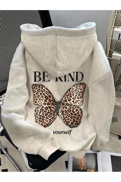 modaberry Gray Be Kind Leopard Kebel Sweatshirt - Printed Oversize Hooded Swe...