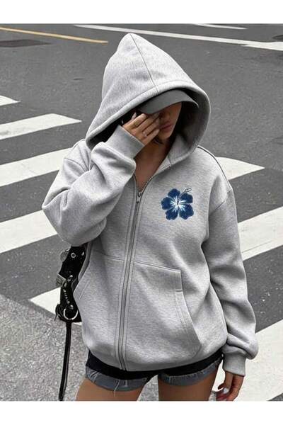 modaberry Blue Floral Logo Sweatshirt Zip-Up Cardigan - Printed Oversized Win...