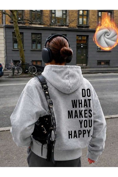 modaberry سترة رياضية رمادية اللون بطباعة "Do What Happy" - هودي كبير الحجم م...
