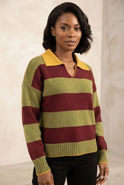 bacc Women's Khaki Color Block Striped Polo Collar Sweater