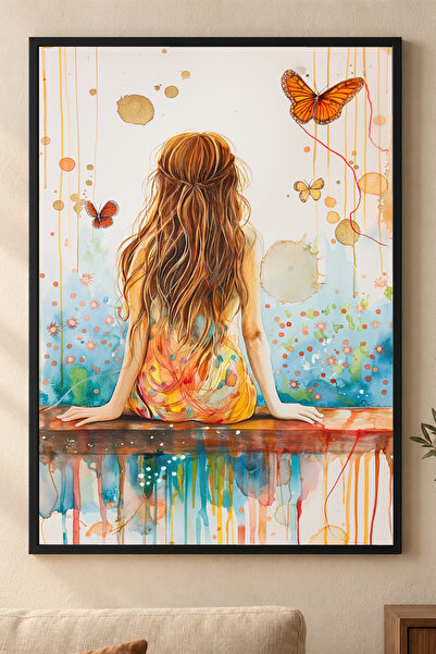 Kelebekli Kadın Renkli Siyah Çerçeveli Poster Tablo Fineart Baskı Kalitesi kessy1152