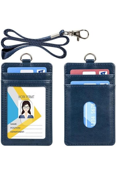 Tazweeq PU Leather ID Badge Holder Vertical with Lanyard Blue