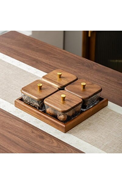 GENERAL YelaJoy 4 Pack Square Glass Snack Container Set, with Walnut Wooden L...