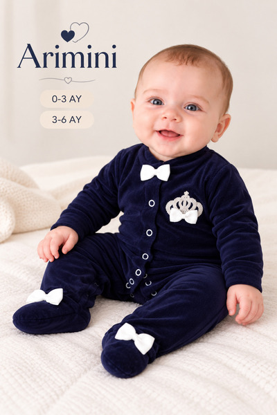 Arı Bebe Baby Boy Little Prince Crown Detailed Velvet Jumpsuit Navy Blue