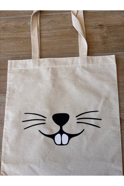 BİLGENS BUTİK Natural Cotton Raw Fabric Figure Printed Practical Bag (35X41 cm)