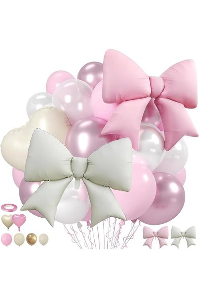 Andanna Cream Pink & Large Bow Balloons, Pink Heart Foil Balloons - 16Pcs 38"...