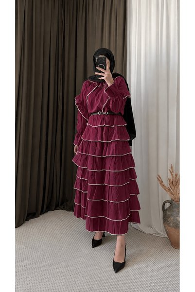Hepsi Moda Layered Ruffle Detailed Skirt Set - 3237 - Plum