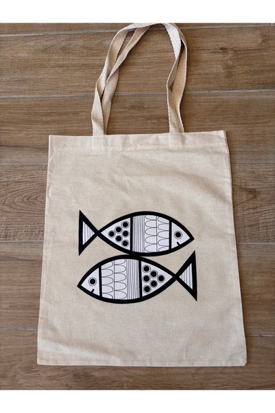 BİLGENS BUTİK Natural Cotton Raw Fabric Figure Printed Practical Bag (35X41 cm)