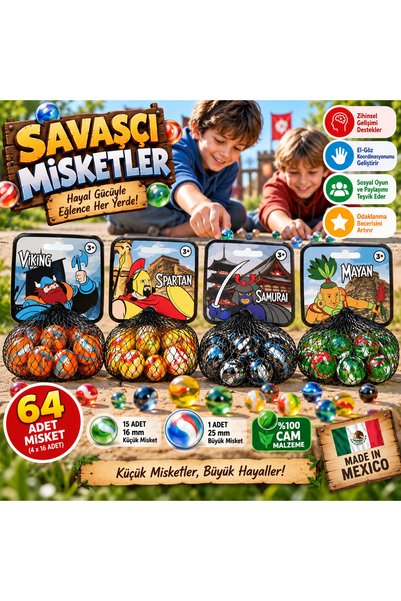 Cici Oyuncak 64 Parça Cam Misket Bilye Seti 4 Farklı Savaşçı Tema Viking Spar...