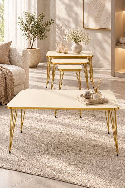Odera Orta Sehpa ve Zigon Sehpa 4'lü Set Metal Tel Ayaklı Modern Retro Salon ...