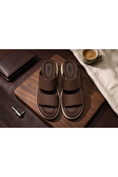 Huanhuan Shoe New business style men's leather slippers double strap flat sli...