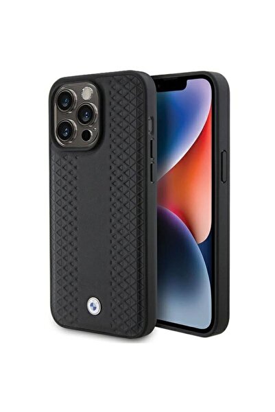 BMW Husă din piele cu model diamant pentru iPhone 15 Pro - negru