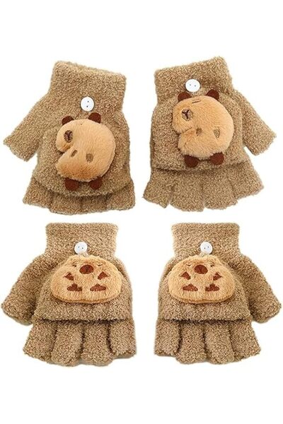KASTWAVE 2 Pair Cute Capybara Plush Kids Gloves, Winter Warm Fleece Fingerles...
