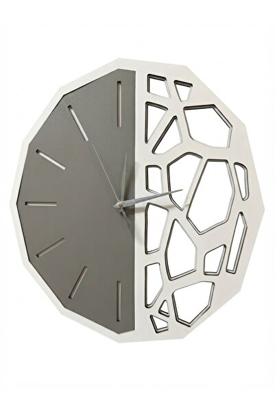 Nixar Desing Geometrik Duvar Saati Ahşap Desenli Siyah Modern Dekoratif Sessiz Akar Saniye 41 cm Lazer Kesim MDF