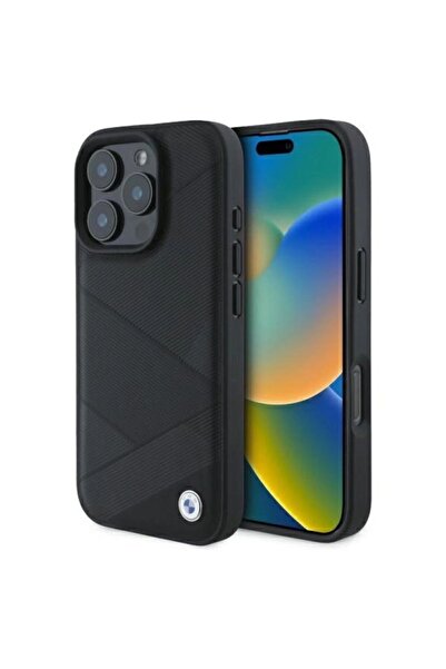 BMW Husă din piele cu model linii încrucișate pentru iPhone 16 Pro Max - Negru