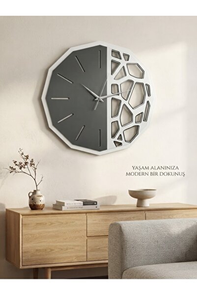 Nixar Desing Geometrik Duvar Saati Ahşap Desenli Siyah Modern Dekoratif Sessi...