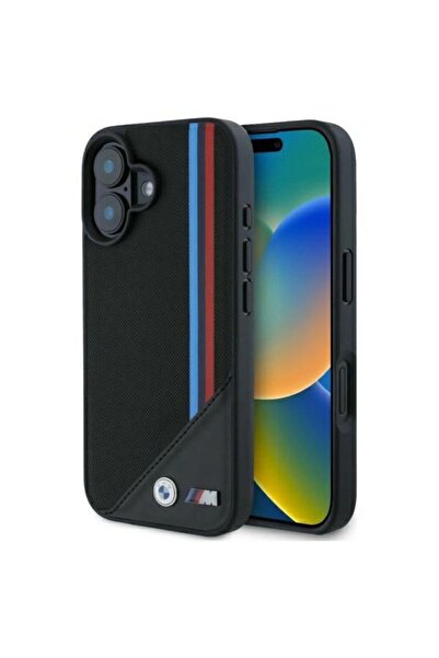 BMW Husă MagSafe M cu dungi tricolore tip plasă pentru iPhone 16 - negru