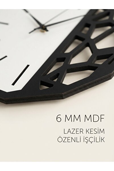 Nixar Desing Geometrik Duvar Saati Ahşap Desenli Siyah Modern Dekoratif Sessiz Akar Saniye 41 cm Lazer Kesim MDF