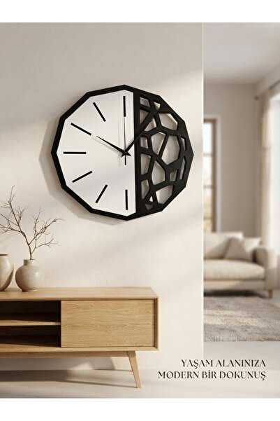 Nixar Desing Geometrik Duvar Saati Ahşap Desenli Siyah Modern Dekoratif Sessiz Akar Saniye 41 cm Lazer Kesim MDF