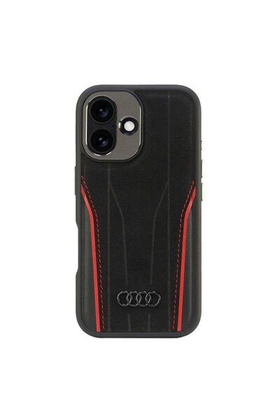 Audi Husă rigidă din piele naturală MagSafe pentru iPhone 16 6.1 " negru-roșu...
