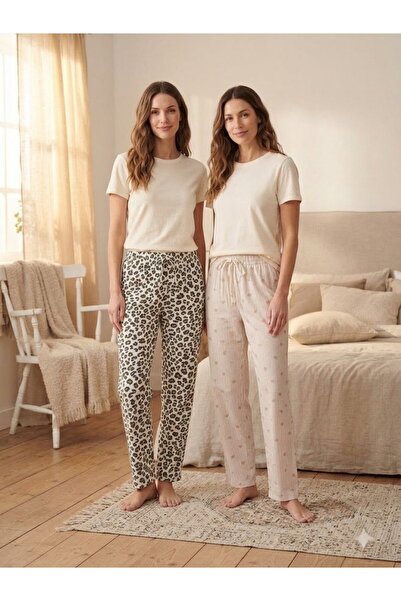 TOSKI Pantaloni de Pijamă Damă, Imprimeu Leopard și Dungi cu Inimioare,Talie ...