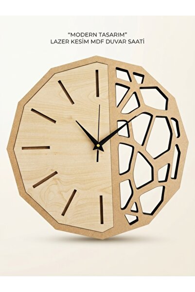 Nixar Desing Geometrik Duvar Saati Ahşap Desenli Siyah Modern Dekoratif Sessiz Akar Saniye 41 cm Lazer Kesim MDF