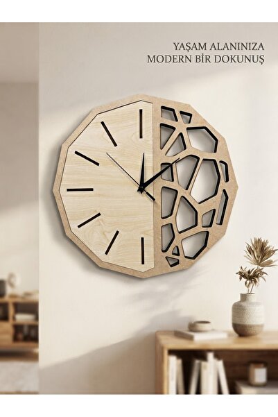 Nixar Desing Geometrik Duvar Saati Ahşap Desenli Siyah Modern Dekoratif Sessi...