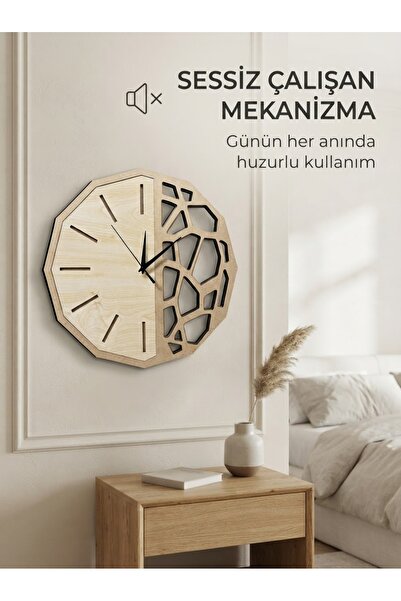 Nixar Desing Geometrik Duvar Saati Ahşap Desenli Siyah Modern Dekoratif Sessiz Akar Saniye 41 cm Lazer Kesim MDF