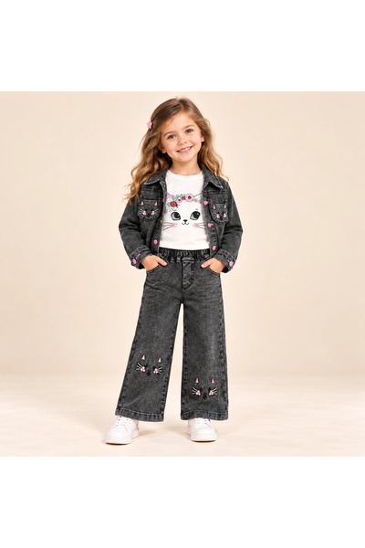 rony pony kids Κοριτσίστικο Σετ 3 τεμαχίων με κεντημένη γάτα σε γκρι τζιν |  ...