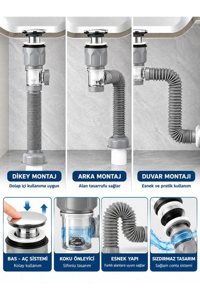 Hombak Ayarlanabilir Esnek Sifon Seti – Koku Önleyici, Sızdırmaz Lavabo Gider...