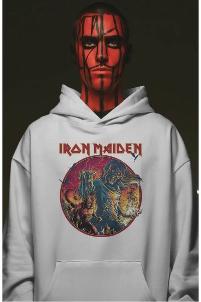SEVBANO Hanorac premium oversize unisex cu imprimeu frontal Iron Maiden Rock ...