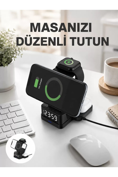 Kablosuz Şarjlı Dijital Masa Saati – 3 Parlaklık Seviyeli Led, Hızlı Şarj Yeni Nesil