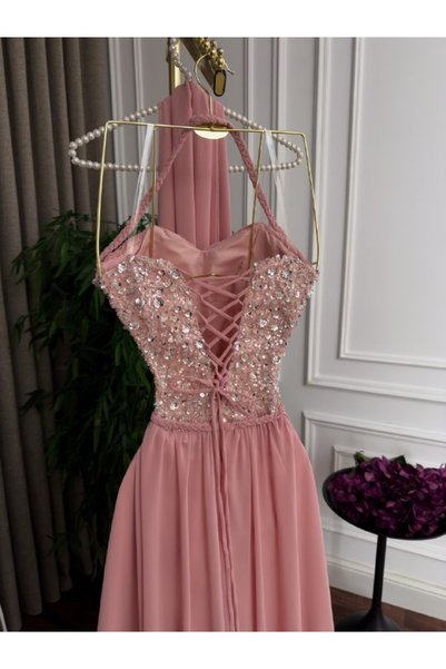 Generic Brand Luxury Pink Halter Neck Evening Dress with Crystal Beaded Waistband