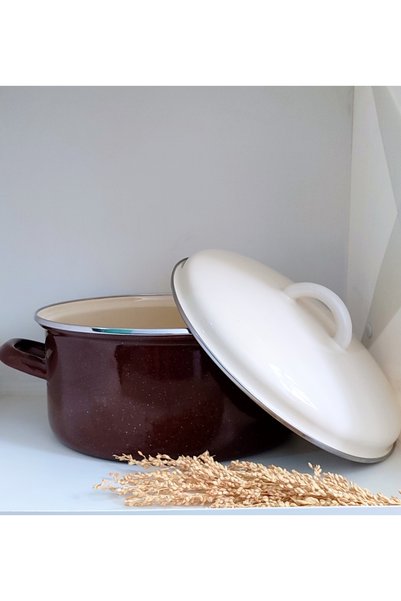 EBRULİEMAYE Brown Spotted Enamel Flat Pot 4.75 Liters 26 cm Diameter Milk Yogurt Soup Pot