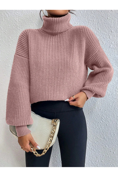 Kadın Pembe Boğazlı Oversize Triko Kazak Fitilli Dökümlü Yumuşak Dokulu Pamuklu Balıkçı Yaka