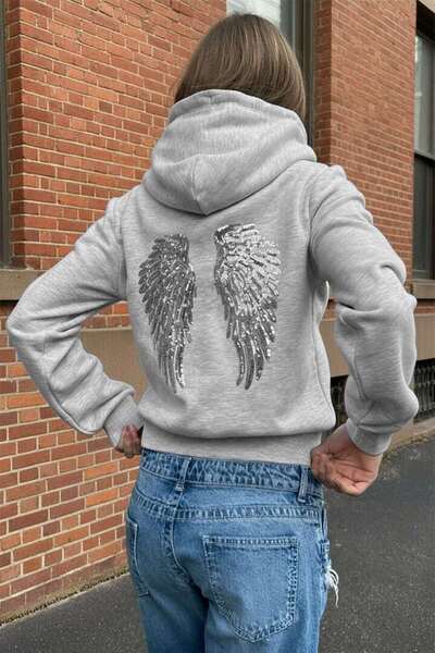 Weekeep Pul İşlemeli Melek Kanatlı Streetwear Hoodie / Y2K Sırt Detay Hoodie