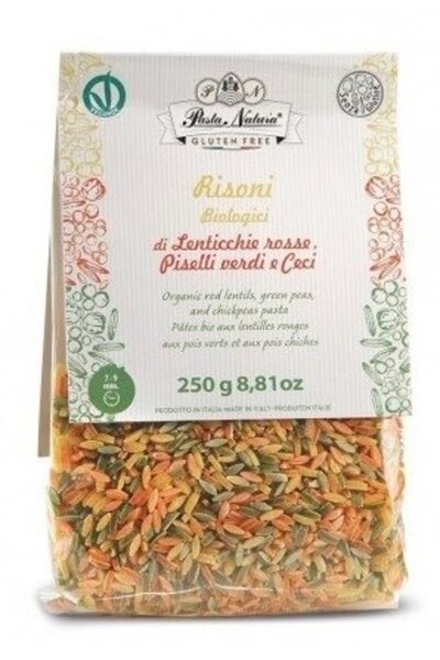 Pasta Natura Paste Risoni tricolore cu mazare, linte si naut 250g