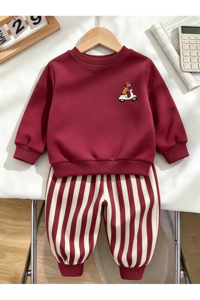 MTL %100 Pamuklu Bordo Sweatshirt Çizgili 2'li Erkek Bebek&Çocuk Takımı