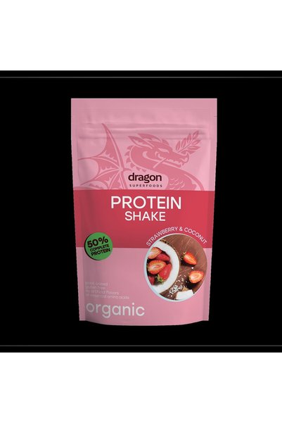 Dragon Superfoods Shake proteic capsuni si cocos bio 450g - 50% proteine