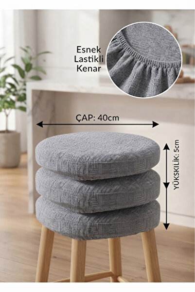 Yuvarlak Lastikli Tabure Kılıfı 40x40cm+8cm Lüx Şönil Kumaş 4 Adet