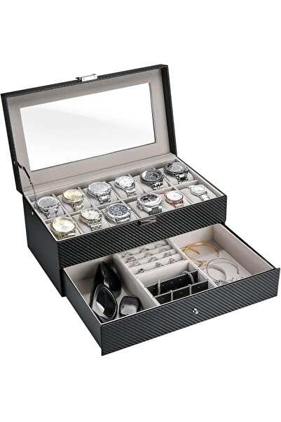 Procases صندوق ساعات برو كيس بـ 12 فتحة مع درج وغطاء زجاجي، أسود