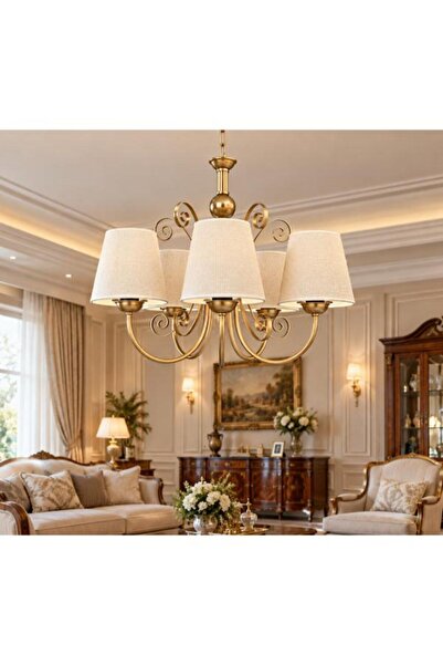 DEDE BEŞLİ FİSKİYELİ AVİZE ESKİTME STATİK BOYALI METAL TOP DETAYLI KREM RENGİ...